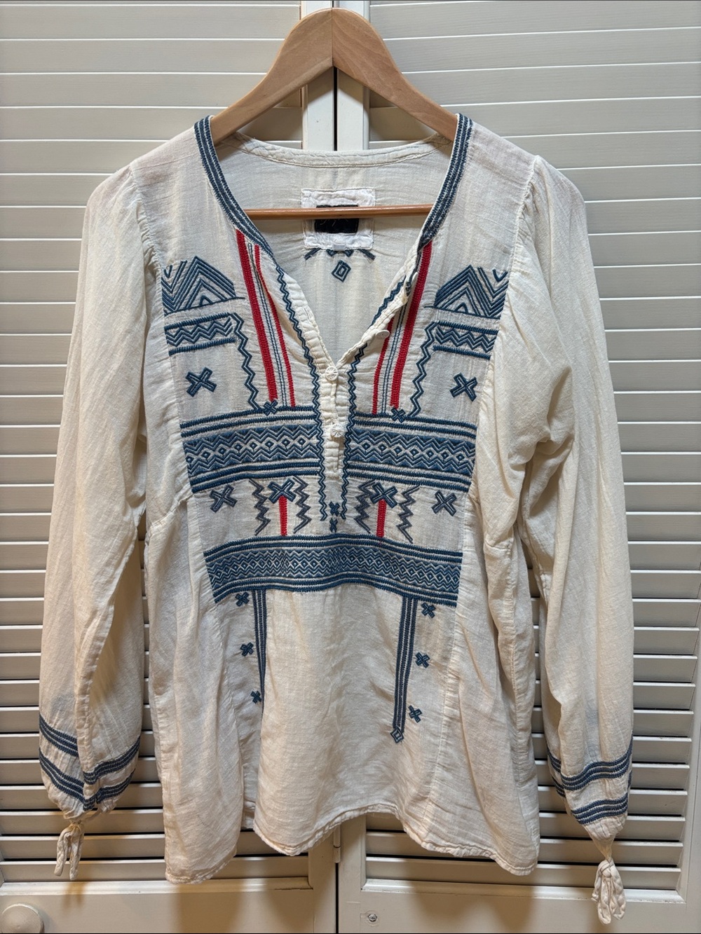 Embroidered Ivory V-Neck Tunic with Navy & Red Accents